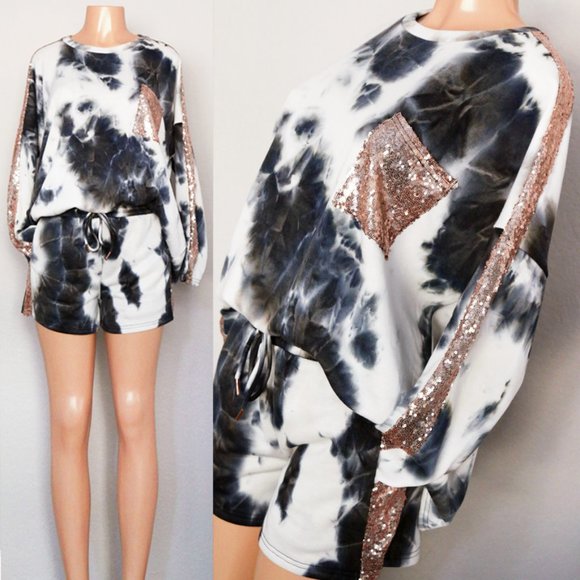 FSL Apparel Tops - NEW Tie Dye Sequins French Terry Lounge 2pc Set